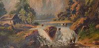 Full view of unframed oil painting showing rustic waterfall scene