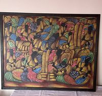 full view of framed painting showing entire market scene composition