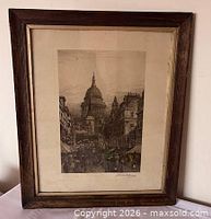 Full view of framed etching showing entire artwork and wood frame