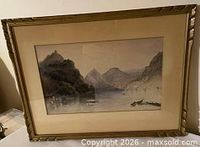 Framed watercolor landscape painting front view