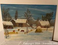Full view of unframed oil painting showing winter farm scene