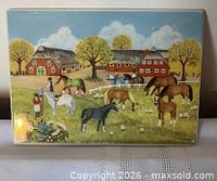Full front view of porcelain postcard showing entire equestrian scene