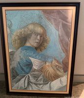 Angel with lute framed print showing full artwork, frame, matting