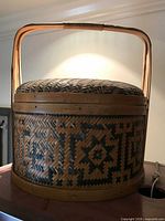 front view of basket showing lid pattern and handle