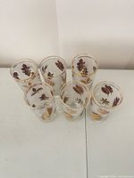 Overhead view of six frosted glasses showing gold leaf motif and quantity