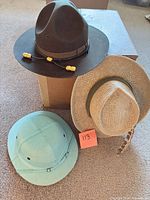 Group shot of all three hats: pith helmet, felt campaign hat, straw hat