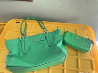 Front view of Coach green tote and matching wristlet on yellow surface