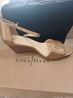 Left side view of gold wedge sandal on Cole Haan box
