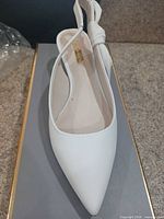 Top view of right pump on box showing pointed toe and slingback design