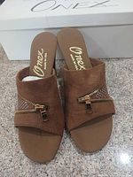Onex brown suede heeled mule slides size 7 with box