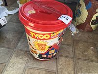 Exterior of red Tyco Super Blocks bucket showing label