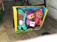 Front view of sealed box showing three Cabbage Patch Kids Exotic Friends dolls in animal outfits