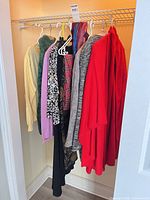Full view of nine garments hanging on closet rod