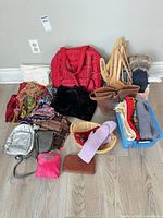 Full lot overview showing bags, scarves, boots, muff, wallet, baskets