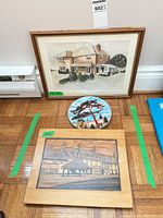 All three artworks grouped: framed watercolor, round acrylic on board, wood marquetry panel