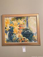 Full view of framed oil painting on wall showing composition and frame