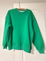 Full view of green hoodie hanging on door