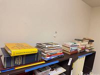 Wide shot of three stacks of assorted books and magazines on shelf
