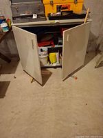 Cabinet front view with both doors open showing interior shelf