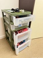 Full view of plastic drawer unit with contents visible