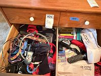 Drawer showing leashes, remote, charger, brushes and bag of grooming tools