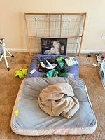 Overall lot showing two beds, gates, leashes, plush toy, waste bags, framed dog photo