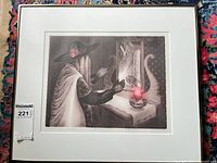 Full view of framed etching with mat and frame