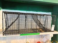 Overall view of black coated metal wire animal trap on shelf