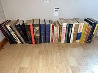 Full row of approximately 28 books standing on floor