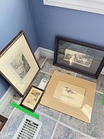 Three framed prints: Bartlett architectural print, Morris sandpiper bird print, Bonheur horse fair print