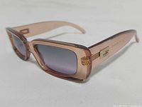 Three-quarter front view showing frame color, lens tint, temple logo plaque