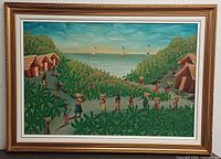Front view of framed oil painting showing harvest scene