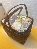 Exterior of woven basket with decoupage lid