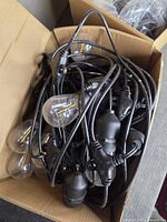 Open box showing coiled black-cord string lights with clear Edison-style bulbs