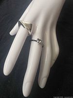 Rings displayed on mannequin hand showing overall design and scale