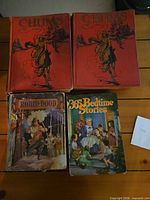 Top view of five books – two Chums volumes, Robin Hood, 365 Bedtime Stories