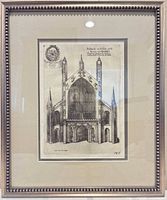 Full view of framed, matted engraving in beaded frame