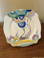 Front view of plate displaying floral design and shape