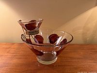 Full view of set: large bowl, dip bowl, bracket