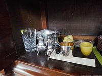 salt & pepper shakers, cut glass tumbler, baby mug, candles