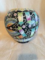 Front view of porcelain vase showing black ground and multicolor famille rose decoration