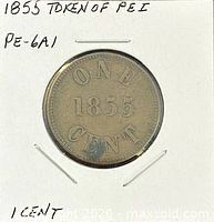 Obverse view showing ONE 1855 CENT legend