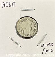 Obverse of 1908 Barber dime in 2×2 holder