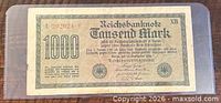 Front of 1922 German 1000 Mark banknote in sleeve