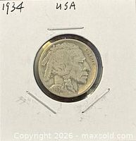 Obverse view of 1934 Buffalo nickel in holder