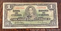 Obverse of 1937 Bank of Canada $1 note showing portrait, denomination and serial number