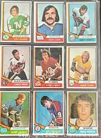 Front view of all nine 1974-75 O-Pee-Chee hockey cards