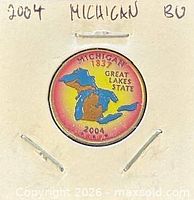 Colourized reverse of 2004 Michigan state quarter in 2x2 holder