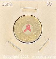 Reverse of 2006-P colourized pink ribbon 25¢ coin in flip