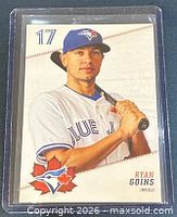 Front of 2017 Ryan Goins Toronto Blue Jays trading card in plastic sleeve